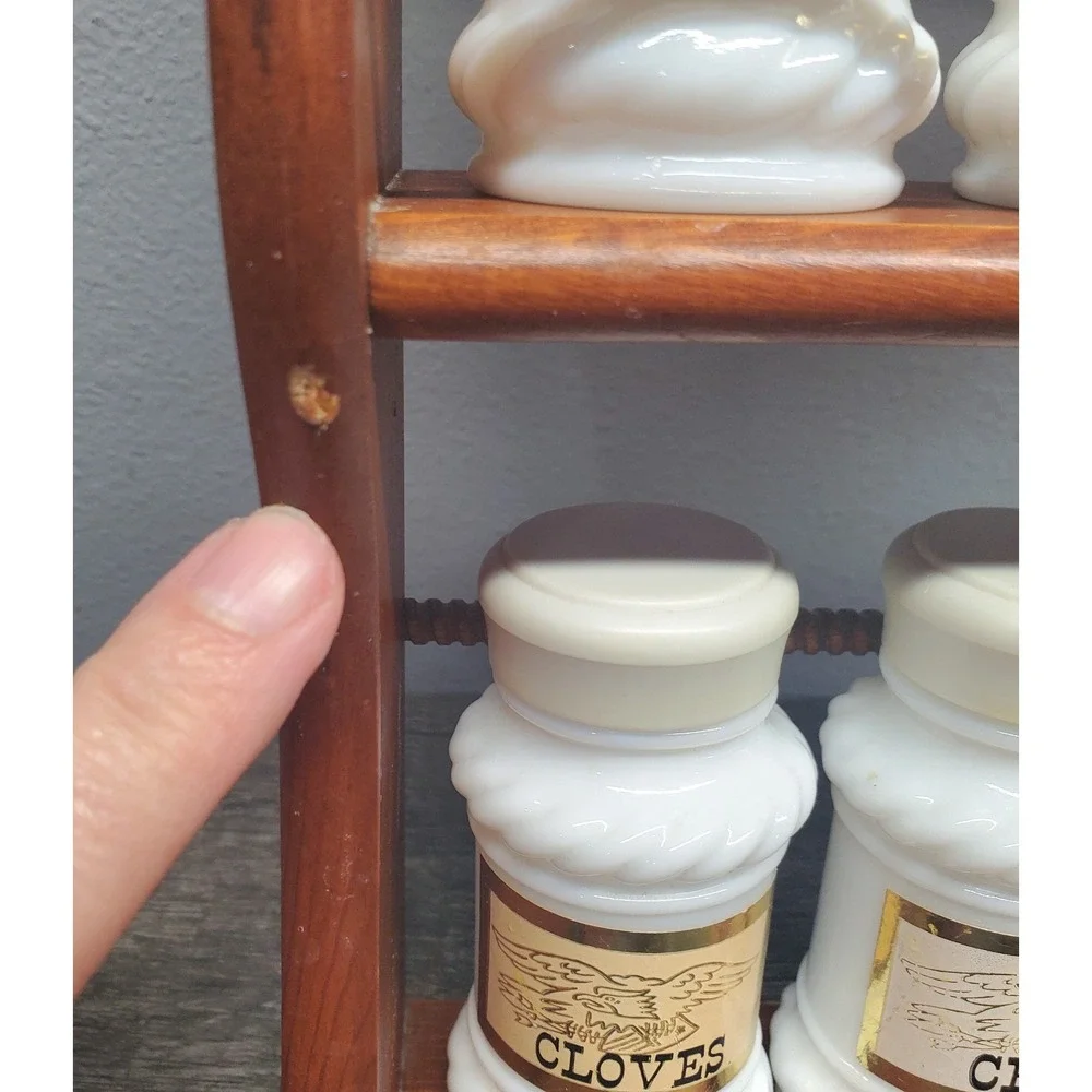 Vintage Double Tiered Wooden Spice Rack W/ 6 Milk Glass Spice Jars Farmhouse